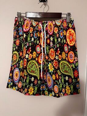 Men's Large  Black Floral Paisley Swim Trunks with Drawstring